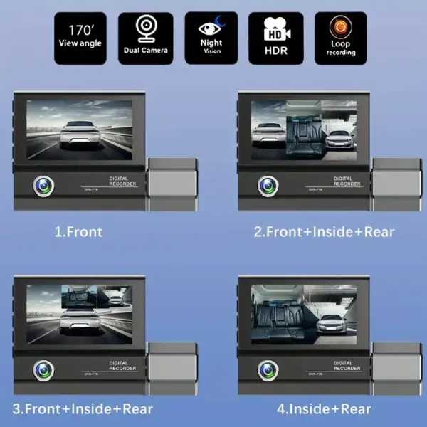 3 Channels Dash Cam 1080P FHD DVR Car Driving Recorder 3.0Inch IPS Screen - Image 2