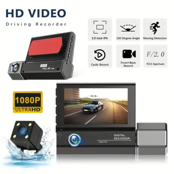3 Channels Dash Cam 1080P FHD DVR Car Driving Recorder 3.0Inch IPS Screen - Image 3