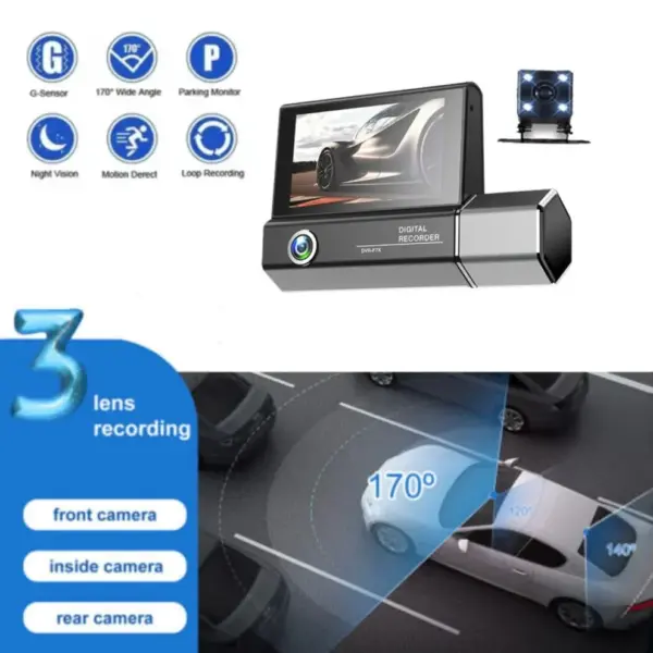 3 Channels Dash Cam 1080P FHD DVR Car Driving Recorder 3.0Inch IPS Screen - Image 6
