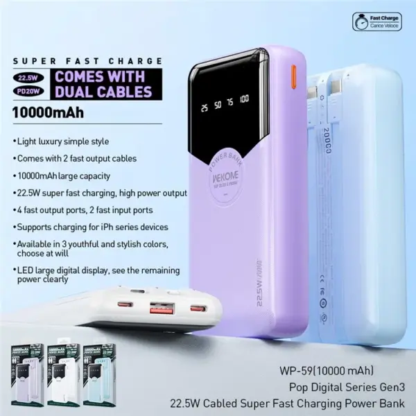 10000mAh 22.5W Cabled Super Fast Charging Power Bank - Image 5