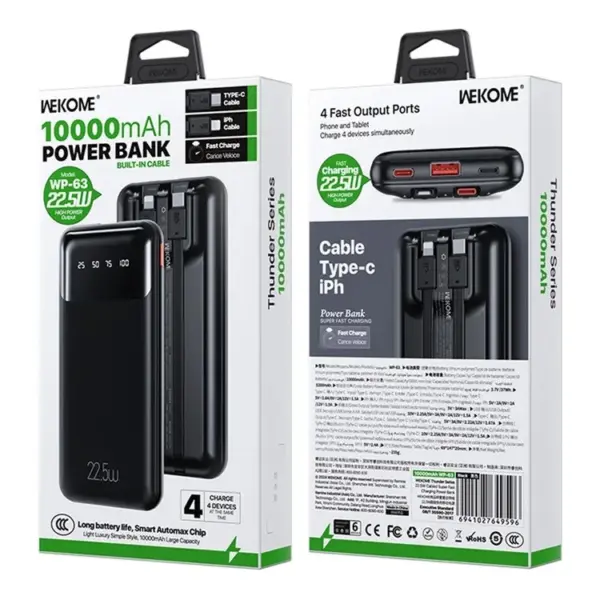 10 000mAh 22.5W Fast Charging Power Bank 4 Outputs Phone External Battery – WEKOME WP-63 - Image 6